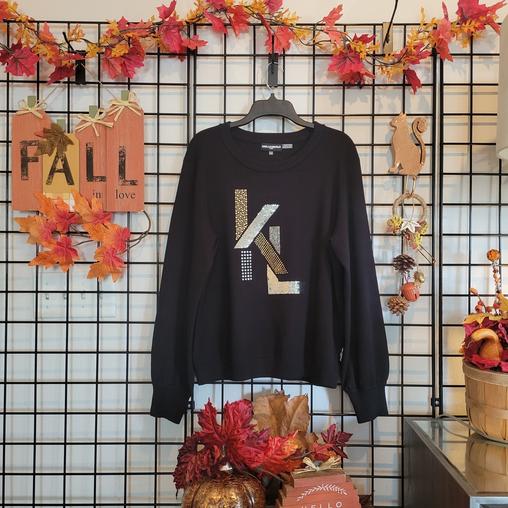 Karl Lagerfeld Black Sweatshirt Style Sweater with Gold and Silver Logo New